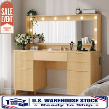 Vintage Oak Kneehole Vanity Desk / Dressing Table with Mirror, Stool, and Cabinets — listing 2