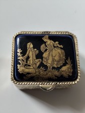 Vintage Limoges-Style Round Pill Box with Black & Gold Fragonard Courting Couple Porcelain Plaque — listing 4