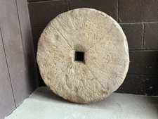 Antique Carved Stone Grinding Millstone / Quern Wheel on Custom Iron Display Stand — listing 5