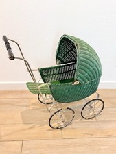 Antique Wicker Doll Carriage Pram with Metal Spoke Wheels and Folding Hood — listing 6