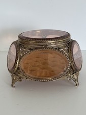 Vintage Ormolu Filigree Jewelry Casket with Beveled Yellow Glass Lid and Slag Glass Body — listing 6