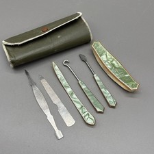 Antique Travel Manicure Set with Celluloid Handles in Aqua Brocade Snap Case — listing 4