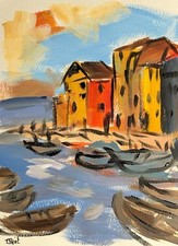 Mediterranean Harbor Scene Painting with Boats and Palm Tree, Distressed Yellow Frame