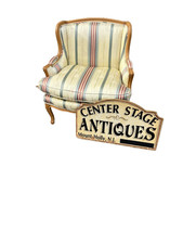 French Louis XV Style Bergère Armchair with Carved Walnut Frame and Damask Upholstery — listing 5