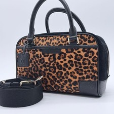 Leopard Print Leather Boston Satchel Handbag with Brown Trim — listing 4