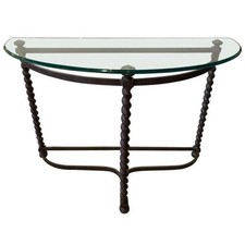 Teal Wrought Iron Demilune Console Table with Glass Top and Floral Rosette Medallion — listing 5
