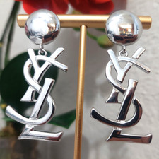 YSL Vintage Gold-Tone Navy Enamel Logo Clip-On Earrings — listing 5