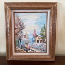 Vintage Original Oil Painting, Mountain Lake Landscape with Pine Trees, Ornate Gilt Frame — listing 6