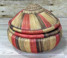 Vintage Coiled Lidded Basket with Geometric Diamond Motif — listing 6