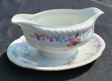 MZ Czechoslovakia Ivory Porcelain Gravy Boat with Attached Underplate Floral