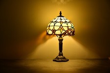 Tiffany-Style Leaded Stained Glass Lamp Shade with Floral & Filigree Border, Cast Metal Base — listing 6