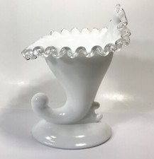 Fenton Custard Uranium Glass Cornucopia Candlestick Holder with Silver Crest Ruffled Rim, 5 inches