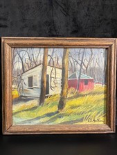 Original Folk Art Landscape Painting, Lakeside Cabin with Boat and Mountains, Unsigned — listing 6