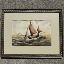 marine watercolor painting Antique Watercolor Seascape with Sailboats in Carved Wood Frame — listing 4