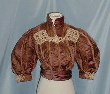 1890s Victorian Brown Calico Bodice with Black Lace Collar & Leg-o-Mutton Sleeves — listing 4