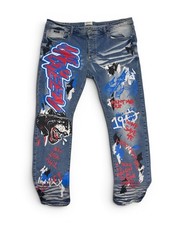 Mackeen Distressed Light Wash Denim Jeans with Neon Skull Graphic — listing 4