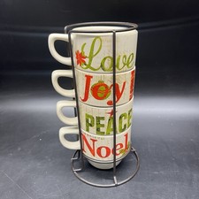 Set of 4 Stackable Ceramic Word Mugs with Black Wire Stand (thank you, calm, love, happy) — listing 4