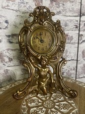 Antique Victorian Black Enameled Iron Mantel Clock with Ram's Head Ornaments and Copper Dial — listing 6