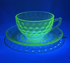 Federal Glass Green Uranium Vaseline Glass Cup and Saucer, Optic Panel Pattern, 3.5" Cup / 5" Saucer — listing 4