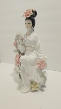 Asian-Themed Porcelain Collector Doll in Blue Brocade Kimono with Pillow — listing 6