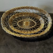 Vintage Gold-Painted Woven Bamboo Basket with Scrolled Wire Handle — listing 3