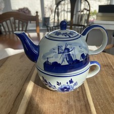 Blue Delft Deco Handpainted Windmill & Floral Teapot, White and Blue — listing 6