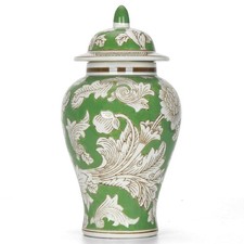 Green Glazed Ceramic Lidded Ginger Jar with Incised Floral Band and Finial — listing 6
