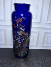 Vintage Japanese Black Lacquer-Style Porcelain Vase with Peacock and Floral Decoration, Gold Rim — listing 2