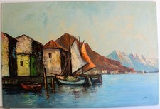 Original Oil Painting Harbor Scene with Sailboats at Sunset, Signed — listing 3