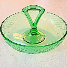 Green Uranium Depression Glass Center-Handle Serving Platter with Sunflower Floral Pattern, 11 inches — listing 6