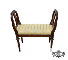 Vintage Regency-Style Ebonized Wood Vanity Bench with Chevron Upholstery