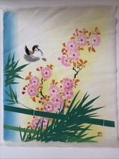 Pair of Vintage Signed Japanese-Style Gouache/Pastel Paintings, Cherry Blossoms with Butterflies and Cranes, in Carved Giltwood Frames