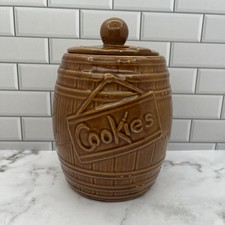 Vintage Ceramic Wood-Grain Barrel/Bucket Cookie Jar with Wire Bail Handle