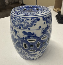 Blue and White Chinese Porcelain Garden Stool with Lotus and Scroll Motif — listing 6