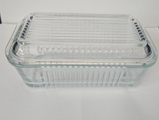Vintage Depression-Era Ribbed Glass Refrigerator Dish with Embossed Vegetable Lid (8.5" x 4.125" x 3.25") — listing 5