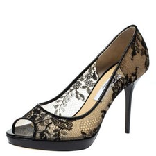 Black Lace Overlay Peep-Toe Platform Stiletto Pumps Read the insole logo — listing 3