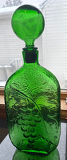 Vintage Emerald Green Glass Genie Bottle Decanter with Grape & Leaf Pattern and Ribbed Ball Stopper — listing 3