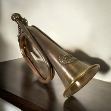 Vintage Brass Military-Style Bugle with Mouthpiece and Chain