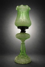 Vintage Green Glass Miniature Oil Lamp with Chimney Shade — listing 6