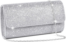 Silver Metallic Mesh Rhinestone Evening Clutch with Chain Strap