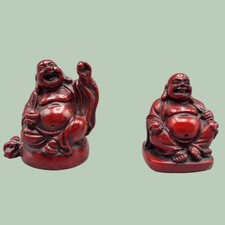 Vintage Laughing Buddha Figurine Holding Sack and Ruyi Scepter, Red Resin/Cinnabar-Style, ~4 inches — listing 3