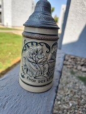 Pair of Antique German Salt-Glazed Stoneware Beer Steins with Cobalt Blue Relief Decoration, One with Pewter Lid — listing 2
