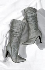 Emmy Sequin Glitter Knee-High Stiletto Boots, Size 10, Silver — listing 6