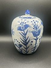 Vintage Chinese Blue and White Ginger Jar Table Lamp with Pleated Shade and Wood Base