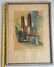 Original Watercolor Painting of Mexican Church Scene with Figures in Sombreros
