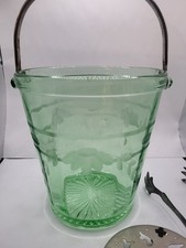 Vintage Green Uranium Glass Covered Ice Bucket with Metal Bail Handle, Ribbed Base, circa 1930s Depression Era, 6 inches tall — listing 4