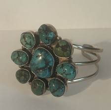Native American Style Sterling Silver Cuff Bracelet with Turquoise Cluster — listing 4
