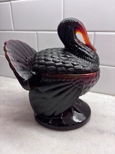 L.E. Smith Amberina Glass Turkey Covered Candy Dish