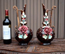 Antique French Barbotine Majolica Twin-Handled Vase with Applied Roses and Lilacs — listing 3