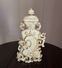 Chinese Carved Celadon Jade/Hardstone Vase with Dragon Handles and Two Elephant Figurines, 6in — listing 4
